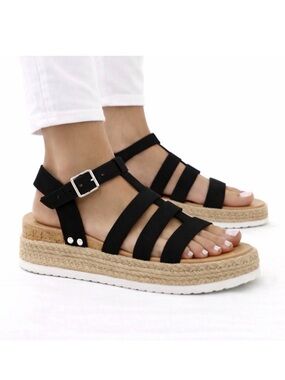 Soda Black Strappy Platform Espadrille Sandals